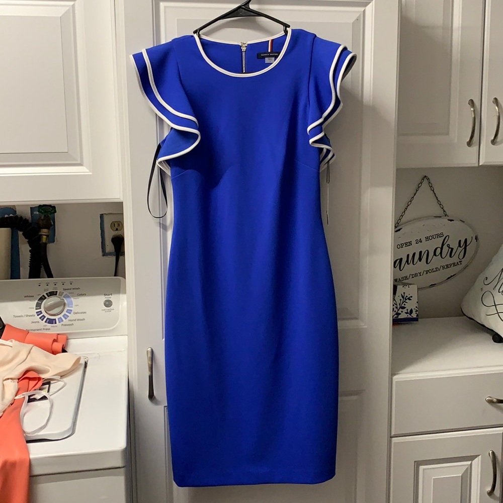 Tommy Hilfiger Scuba Crepe Ruffle Sleeve Pipe Trim Sheath Dress